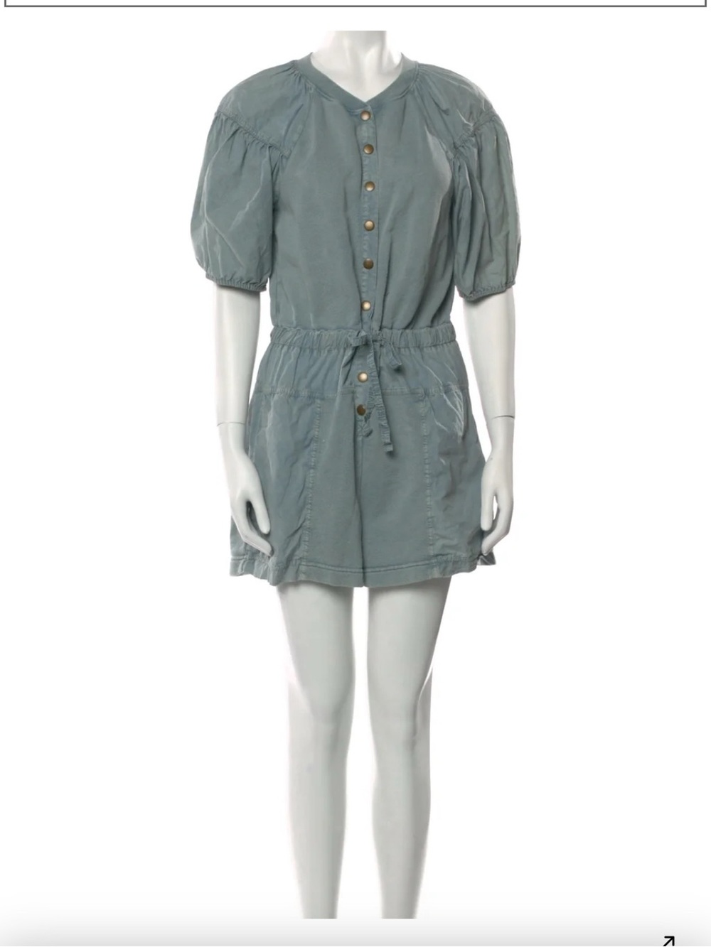 Ulla Johnson Short Puff-Sleeve Button Front Romper in Blue